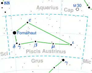 Fomalhaut A, B are located in the constellation Piscis Austrinus; Fomalhaut C is located in the constellation Aquarius.