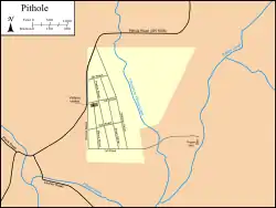 Map of Pithole and the surrounding area showing the city streets and Frazier Well, overlaid with modern roads and creeks