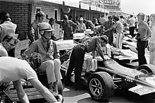 Official Team and Tyrrell-entered March 701 racing cars at the pits during 1970 Dutch Grand Prix.