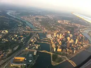 The Hill District is the largely green area visible above downtown Pittsburgh in this aerial photo.