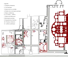 Detailed map of an archaeological site with a large building