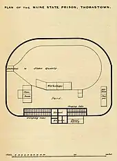 Black line drawing on yellowed paper in the form of a rounded square mostly taken up by a stone quarry with small cells and other buildings below it.