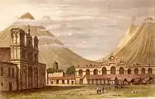 Image 5Plaza Central of Antigua Guatemala in 1829. The old "Palacio de la Capitanía General" was still destroyed after the 1773 earthquake. (from History of Guatemala)