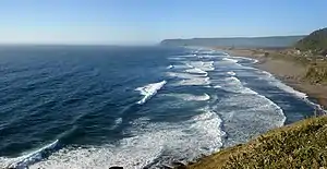 Curiñanco’s beach during the summer, viewed from its southern access. The promontory that can be seen in the background is part of the Punta Curiñanco Protected Coastal Area.