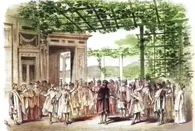 drawing of a stage scene with large cast in Ancient Greek costumes