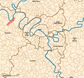 Location (in red) within Paris inner and outer suburbs