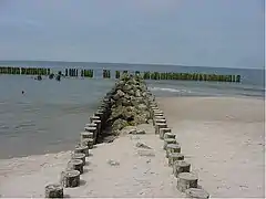 "Headland groyne" with wood log breakwater and stone filled wooden groyne, an easy to build cost effective option made of cheap and native materials.