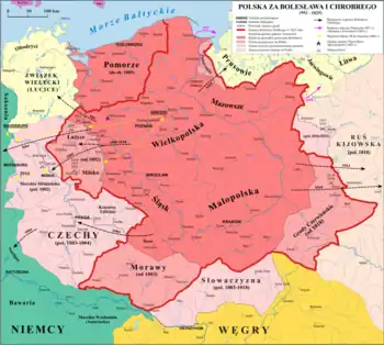 Image 31Present-day Slovakia as part of Poland under the reign of Boleslav the Brave (r. 992–1025): the borders of Poland are described based on the report of the late 13th-century Polish-Hungarian Chronicle, the reliability of which is not universally accepted by specialists (from History of Slovakia)