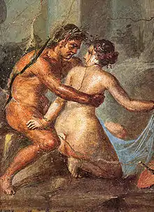 Fresco depicting Satyr ravishing a maenad from peristyle "i" House of the Greek Epigrams, Pompeii