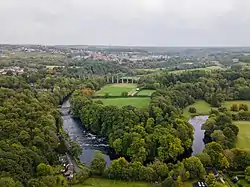 Pont Cysyllte (front-left), Pontcysyllte Aqueduct (centre) and Cefn Mawr Viaduct (far-right).