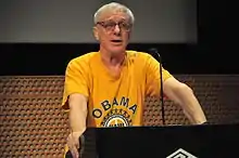 Robert Christgau wearing an Obama shirt