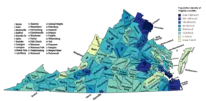 Map of Virginia counties colored by population density, ranging from pale yellow, to green, to dark blue.