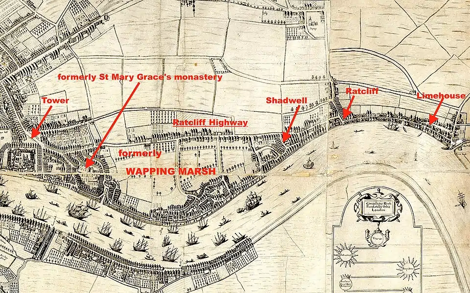 Port of London by 1660. Ribbon development along wall; cattle graze on Wapping Marsh, by now inned.  (Base map by Fairthorne and Newcourt, an early quasi-realistic map of the region)