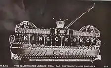 A postcard showing an illuminated tramcar of the Portsmouth Corporation Tramways celebrating the King's Silver Jubilee