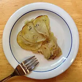 Photograph of a plate of sliced and cooked potatoes