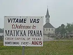 Welcome sign of Praha, Texas