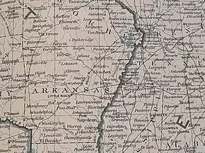 Map of key point in Arkansas: Van Buren is in west-central Arkansas, Little Rock is in central Arkansas, and Pine Bluff is south and slightly to the east of Little Rock