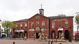 The Corn Exchange in Lune Street, entrance to the former Public Hall with the Martyrs' Memorial at the front right