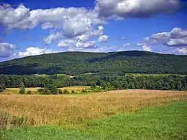 Big mountain with valley in the foreground in the summertime.