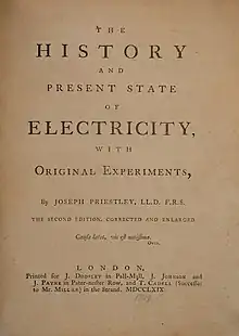 Title page to The History and Present State of Electricity (1769)