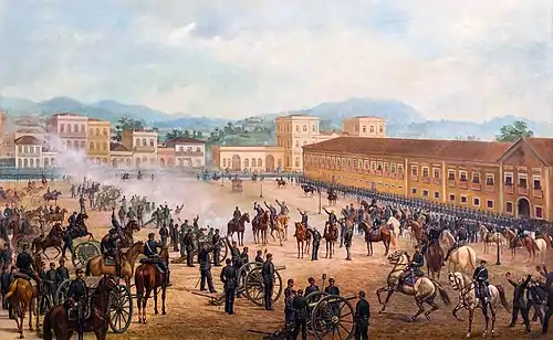 Image 16First Brazilian RepublicPainting credit: Benedito CalixtoThe First Brazilian Republic was proclaimed on 15 November 1889, overthrowing the constitutional monarchy of the Empire of Brazil and ending the reign of Emperor Pedro II. This 1893 oil-on-canvas painting by Benedito Calixto depicts the event, which took place in Rio de Janeiro. A group of officers of the Brazilian Army, led by Marshal Deodoro da Fonseca, had staged a bloodless coup d'état, deposing the Emperor and the Viscount of Ouro Preto, President of the Council of Ministers. The official proclamation of the republic was approved without a vote. The Emperor was informed and decided not to offer any resistance; he and the Brazilian imperial family were exiled to Europe. Calixto's painting now hangs in the Pinacoteca do Estado de São Paulo.More selected pictures