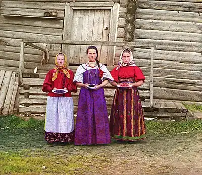 Russian peasant girls in a rural area along the Sheksna River near Kirillov, 1909