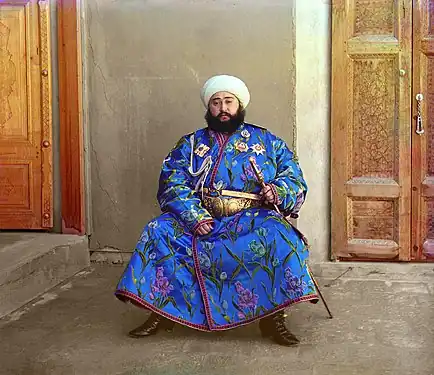 Image 5An early colour photograph of the Emir of Bukhara, Mohammed Alim Khan, in 1911, taken by Sergei Mikhailovich Prokudin-Gorskii as part of his work to document the Russian Empire from 1909 to 1915. Alim Khan, a direct descendant of Genghis Khan, was the last emir of the Manghit dynasty. He reigned from 1911 to 1920, fleeing to Afghanistan when the Bolsheviks annexed Bukhara and proclaimed the Bukharan People's Republic.Credit:Baba66