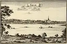 Depiction of the view of Sorø from across the lake with Sorø Abbey Church emerging on the upper right.