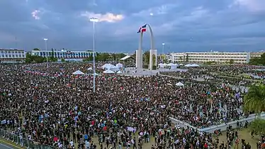 Dominican protesting during the 2020 Dominican Republic protests at the Flag Square of Santo Domingo.