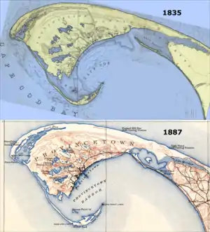 Comparison of two official maps of Provincetown, one dated 1835, and the other, 1889.