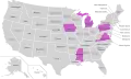 Approximate distribution of Pseudotephritis approximata in the United States. States where the fly is found are shown in purple.