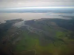 Aerial view of the auls of Pshikuykhabl (left) and Tauykhabl (right) near Krasnodar Reservoir in Teuchezhsky District