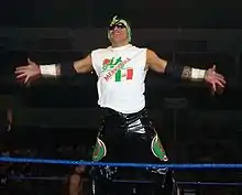 Mexican wrestler Nicho el Millonario posing on the ring ropes prior to a match.