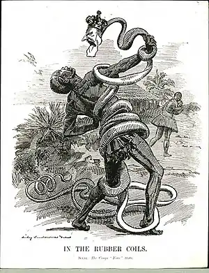 Image 30A 1906 British Punch cartoon depicting Leopold II as a rubber vine entangling a Congolese man (from History of Belgium)