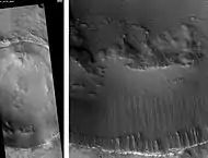 Puńsk crater, as seen by HiRISE.  Scale bar is 500 meters long.  Image on right is an enlargement of south (bottom) wall of crater.