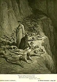 Image from Dante's Purgatory by Gustave Doré of greedy and prodical souls laying face down in the dust