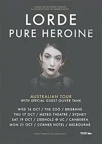 A poster showing Lorde in black clothing and black lipstick as she faces the camera. Her name and album name appear above her in marble texture. The leg of the tour appears in yellow text while the selected dates appear in white text.