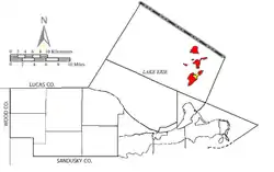 Location of Put-in-Bay Township (red) in Ottawa County, next to the village of Put-in-Bay (yellow)