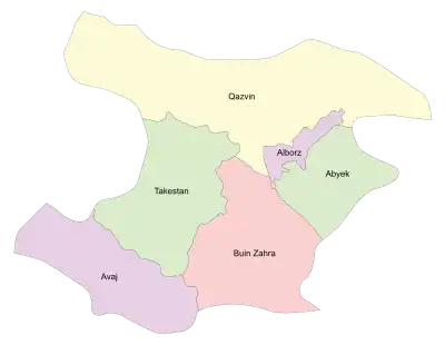 Location of Takestan County in Qazvin province (left, green)