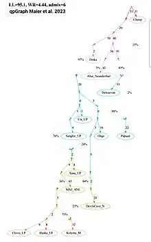 A qpGraph (best fit) by Maier et al. 2023, showing the formation of Ancient North Siberians/Eurasians (ANS/ANE) and their subsequent contribution to the formation of Ancient Paleo-Siberian