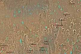 Quadrangle map of Oxia Palus labeled with major features.  This quadrangle contains many collapsed areas of chaos and many outflow channels (old river valleys).