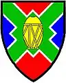 a saltire quadrate - Per saltire gules and azure; a saltire quadrate vert, fimbriated argent, charged in the centre ... - North West Province, South Africa