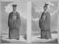 Mandarins of the Nguyen dynasty (circa 1820). The Mandarin on the left is a "man of letters", with a stork on his chest and the one on the right is a military Mandarin, signified by a boar.