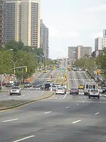 A view down Queens Boulevard, near its intersection with Yellowstone Boulevard in Forest Hills, Queens.