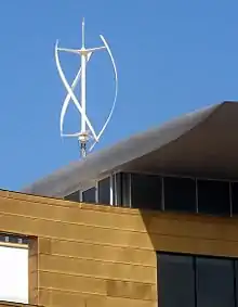 Image 45A small Quietrevolution QR5 Gorlov type vertical axis wind turbine on the roof of Bristol Beacon in Bristol, England. Measuring 3 m in diameter and 5 m high, it has a nameplate rating of 6.5 kW. (from Wind power)