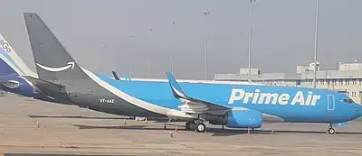 737-83N(BCF) of Quikjet Airlines at Delhi Airport. Aircraft painted as Prime Air and bears Indian registration mark VT-AAZ.