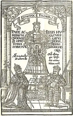 Personification of Poland standing on the shoulders of a pope and a king; from a 16th-century political treatise by Stanisław Orzechowski