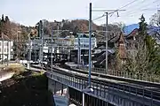 The station seen from the west; the remains of the Joweid Zahnradbahn viaduct and track can be seen to the extreme left