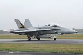 Twin-jet, twin-fin military jet taxiing along a runway