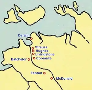 Map of Northern Territory with locations of airfields